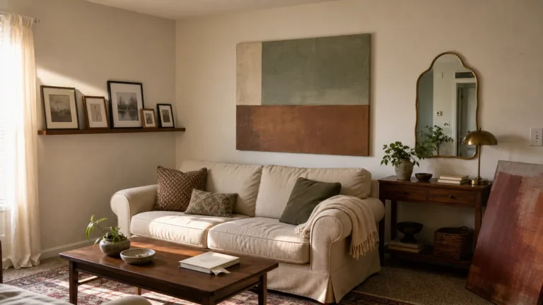 A real living room sofa wall with a large abstract color-block canvas centered above a cream-oatmeal rolled-arm sofa, a picture ledge of overlapping frames on the perpendicular wall, an organic-arched matte-brass mirror above a walnut console to the right, and a small canvas leaned against the floor in the back corner — late-afternoon warm light streaming from the left.