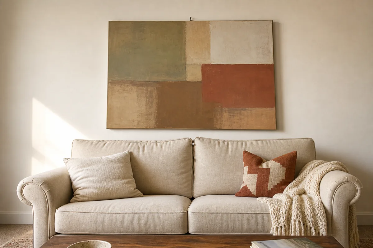 A single large abstract color-block canvas in muted sage, warm walnut, cream, and rust quadrants hangs centered above a cream-oatmeal rolled-arm sofa. The canvas spans roughly the full width of the sofa. The wall on both sides of the canvas is empty cream drywall.