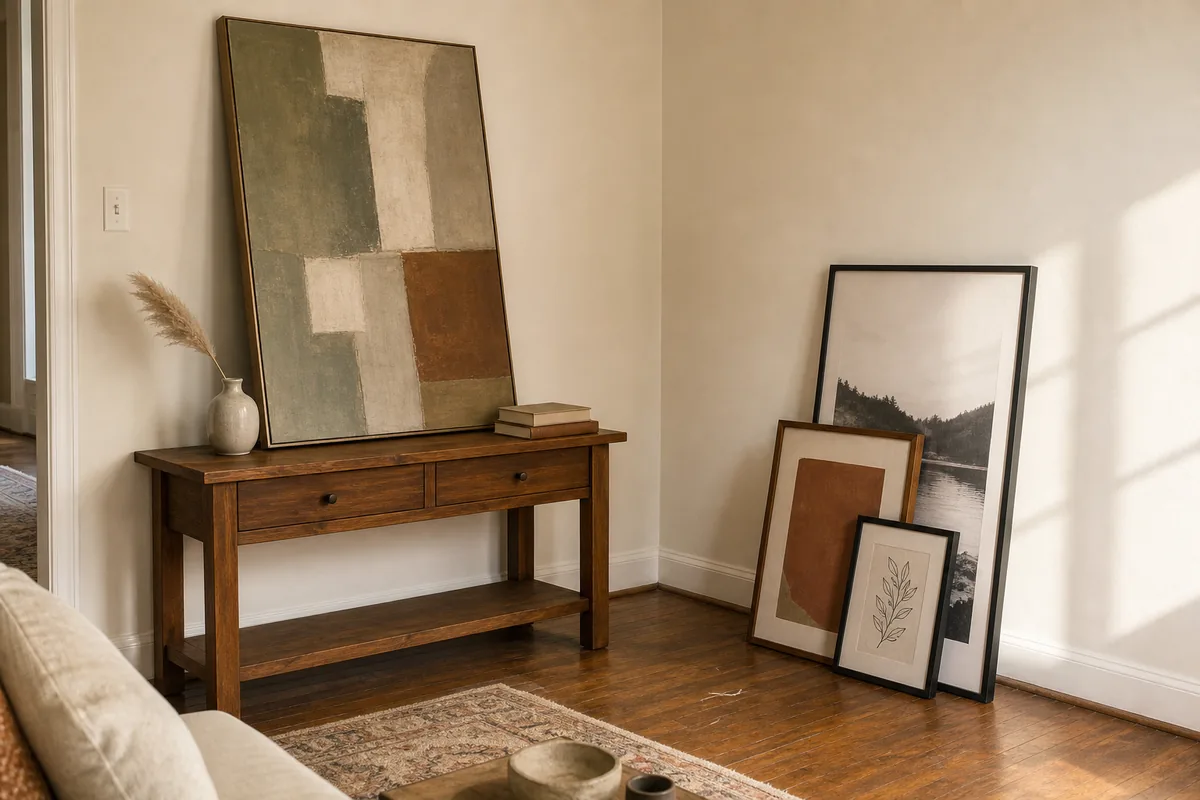 Two leaning compositions in one corner — on the left, a large muted-tone canvas leaned against the wall behind a low walnut console; on the right, a 3-frame floor lean of varying sizes overlapping each other against the perpendicular wall. No hanging hardware anywhere.