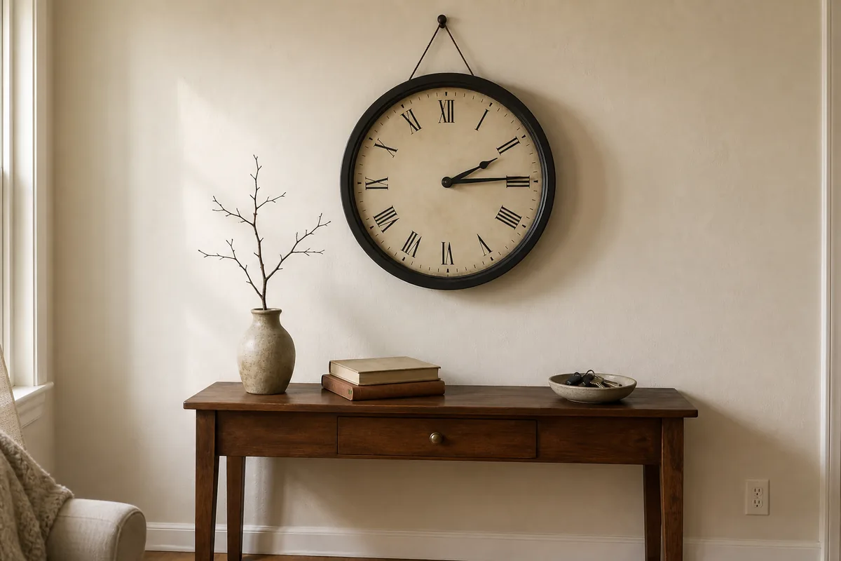 A large vintage round clock with Roman numerals and a matte-black metal frame hangs centered above a walnut console table. The clock is the only thing on the wall. The console below holds a small ceramic vase with one bare branch, a stack of two cloth-covered books, and a small ceramic bowl with house keys.
