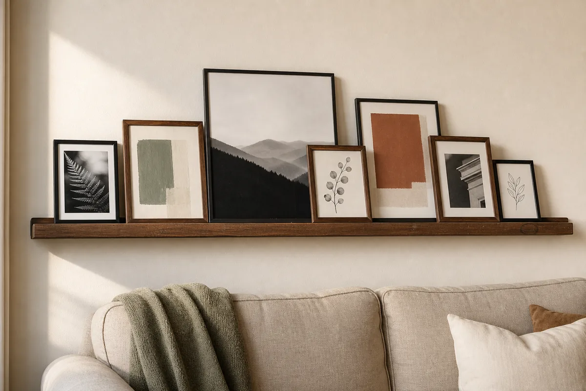 A long warm-walnut picture ledge mounted above a sofa holds seven framed prints of mixed sizes — abstract color blocks, a landscape silhouette, a botanical line drawing, a black-and-white nature photo — all leaning back against the wall and overlapping each other. No frame is hung on the wall above the ledge.
