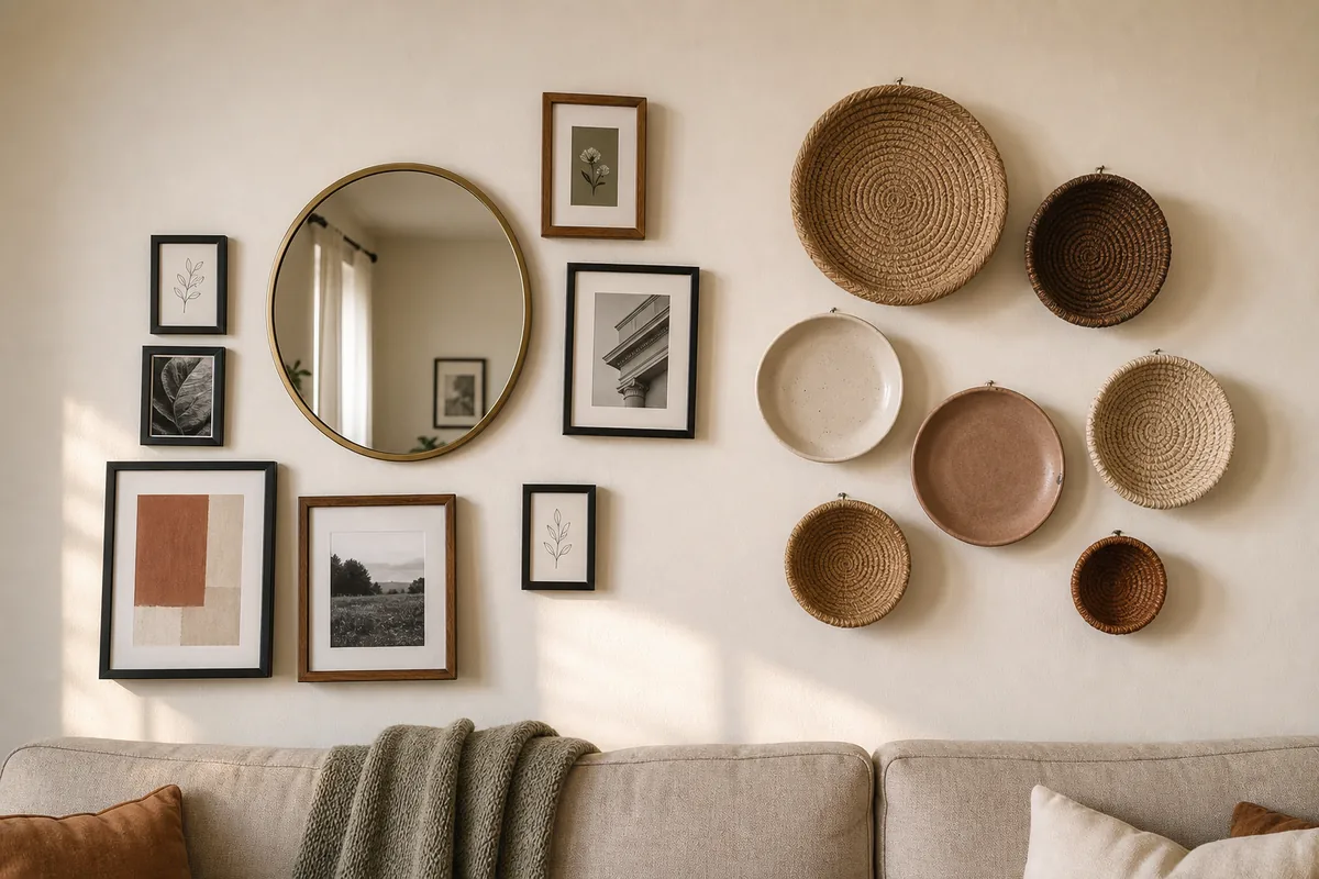 A wall composition with a single round mirror as the centerpiece, surrounded asymmetrically by framed prints — five frames clustering heavier on the left and below the mirror, two frames clustering in the upper right. Adjacent on the perpendicular wall, a 3D object cluster of six woven baskets in varied tones plus three hand-thrown ceramic plates mounted directly on the wall without frames.