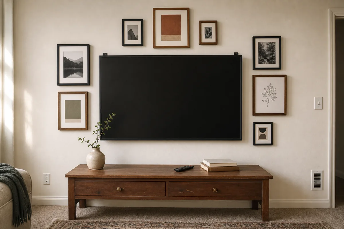 A wall-mounted matte-black flat-screen TV with eight framed prints clustering on three sides — two stacked vertically to the left, three stacked to the right, three across the top. The frames are mixed in sizes and finishes, close enough to the TV that the screen reads as the central element of the composition. A walnut media console below holds a small vase with a branch and a stack of books.