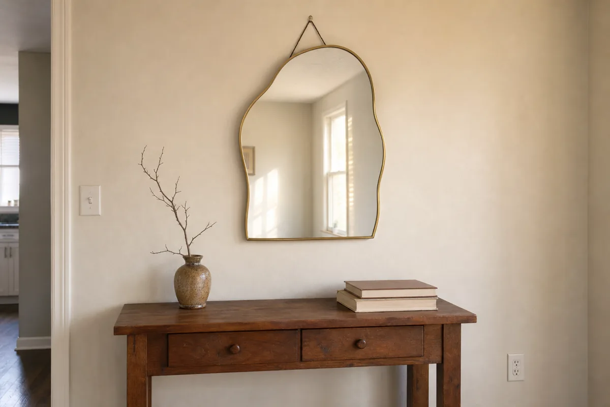 A single sculptural mirror with an organic asymmetric arched silhouette in a thin matte-brass frame hangs centered above a walnut console table. The mirror reflects a window from the opposite wall, showing afternoon daylight. The wall on both sides of the mirror is empty.