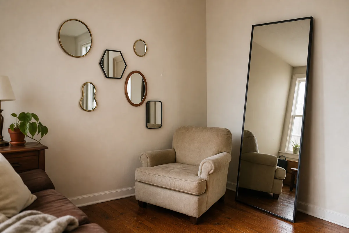 A corner of a living room with two opposite mirror moves visible — on the back wall, a cluster of five small mirrors in varied shapes (round, hexagon, oval, organic) mounted as a composed wall arrangement; on the perpendicular wall behind a reading chair, one full-height matte-black-framed floor mirror leaning upright against the wall.