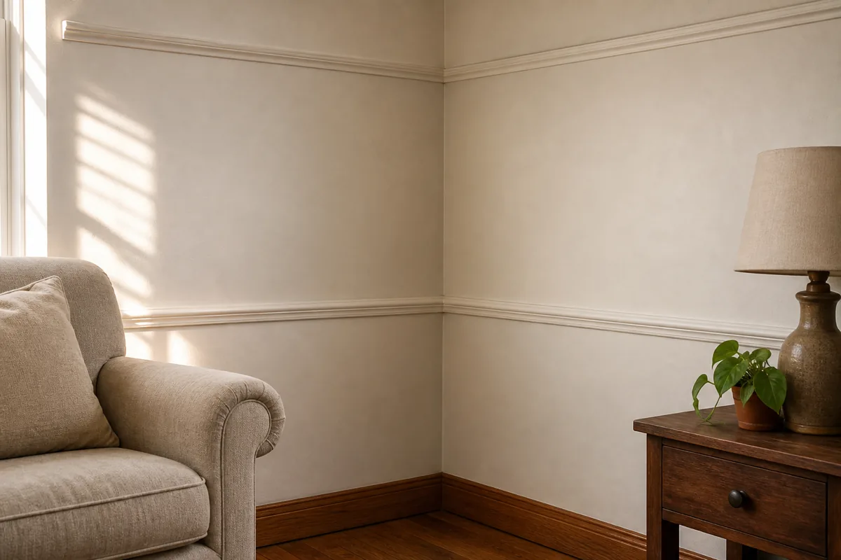 A living room corner with two cream walls meeting at a 90-degree angle. A thin moulding strip painted the same cream as the wall runs horizontally about 14 inches below the ceiling — the picture rail — casting a faint shadow that proves it's installed trim, not painted on. A second moulding strip runs at chair-rail height about 34 inches from the floor. The corner shows a clean mitered joint. Late-afternoon light catches the moulding profile.