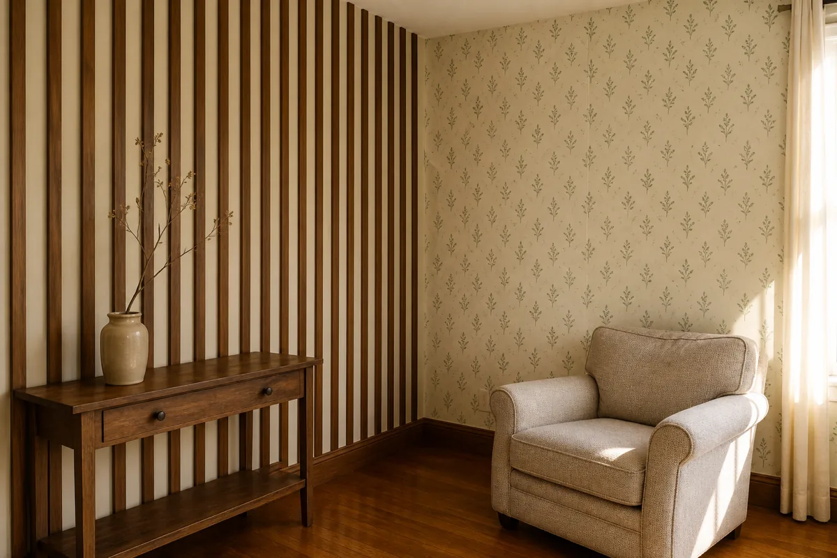 A living room corner showing two adjacent accent wall textures — on the left, a wall covered in vertical dark walnut wood batten slats spaced about 1.5 inches apart, with the cream drywall visible through the gaps. On the right, the perpendicular wall covered in a small-scale botanical pattern peel-and-stick wallpaper in muted earthy olive and cream tones.