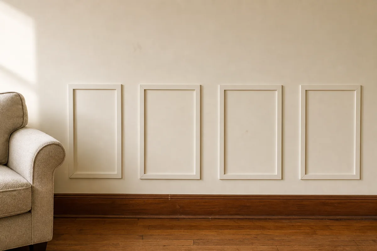 The lower half of a living room wall with four thin moulding rectangles installed as faux wainscoting. The rectangles are about 22 inches wide and 30 inches tall, spaced evenly across the wall with about 5 inches of plain cream wall between them. All the trim and the wall behind are painted the same cream color, so the rectangles read through their shadow projection rather than paint contrast. A partial view of a thrift sofa sits in the lower-left corner.