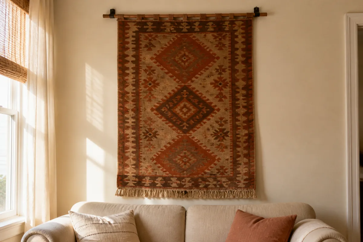 A vintage flat-weave kilim rug with geometric diamond medallions in muted rust, cream, and warm walnut tones hangs as a wall tapestry above a cream sofa. The kilim is mounted from a thin wooden rod inserted through a sleeve at the top edge, held by two small wall hooks. Fringe is visible at the top and bottom. Warm light streams through a window on the left.