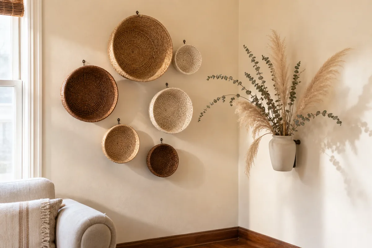 A corner with two 3D wall compositions — on the left, six woven baskets in varied tones of natural tan, warm walnut, and cream clustered on the wall as a sculptural arrangement, each basket projecting four to six inches off the wall plane. On the right, a wall-mounted ceramic vessel holds dried pampas grass plumes and eucalyptus branches extending two to three feet off the wall in a fan arrangement.