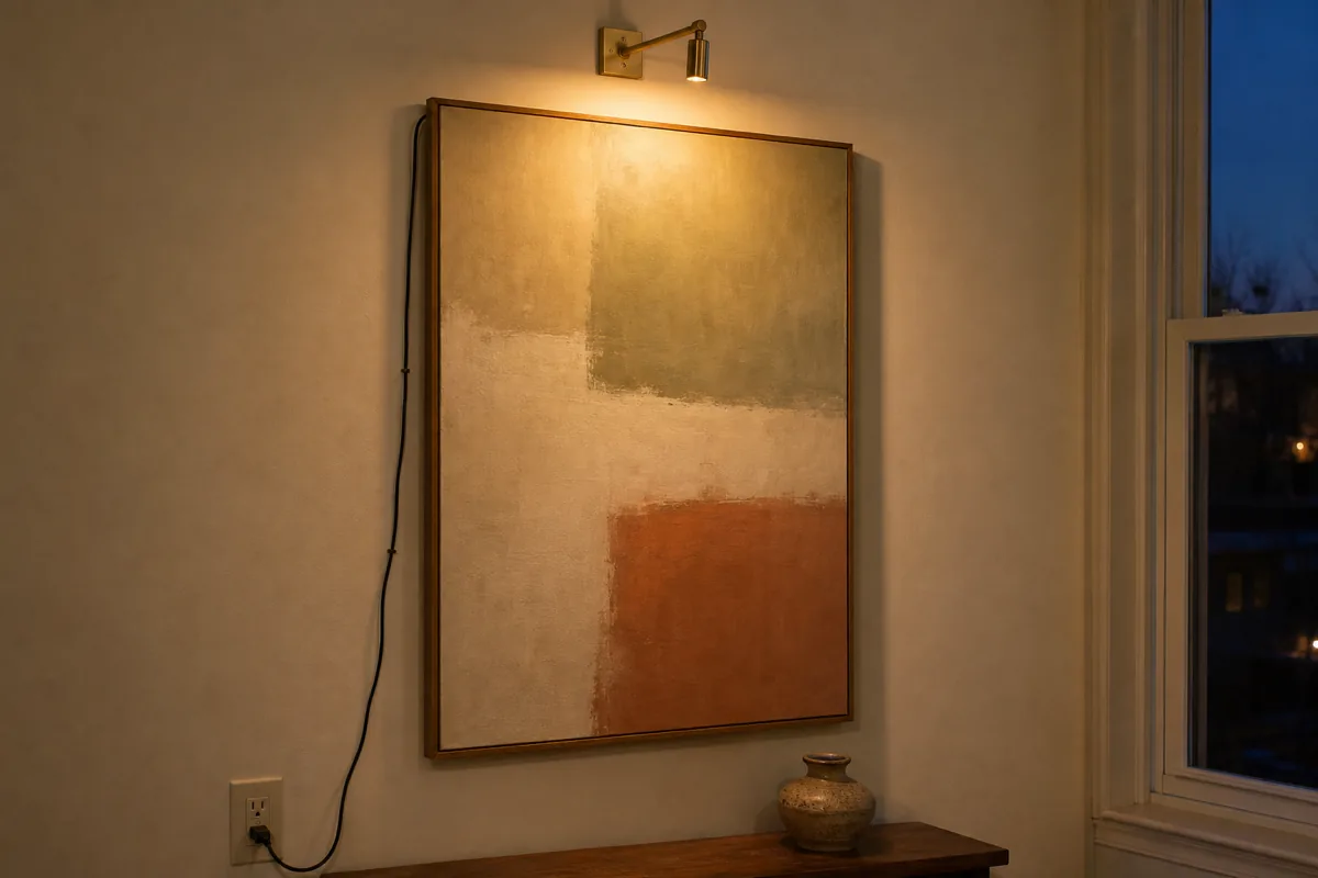 A framed muted color-block canvas hangs on a cream wall at dusk. A slim matte-brass picture light is mounted directly above the frame, casting a warm 2700K amber wash across the top half of the canvas. A thin black plug-in cord runs down the wall from the light to a standard outlet visible at the bottom of the frame. The window behind shows post-sunset blue evening sky, proving the picture light is the primary illumination.