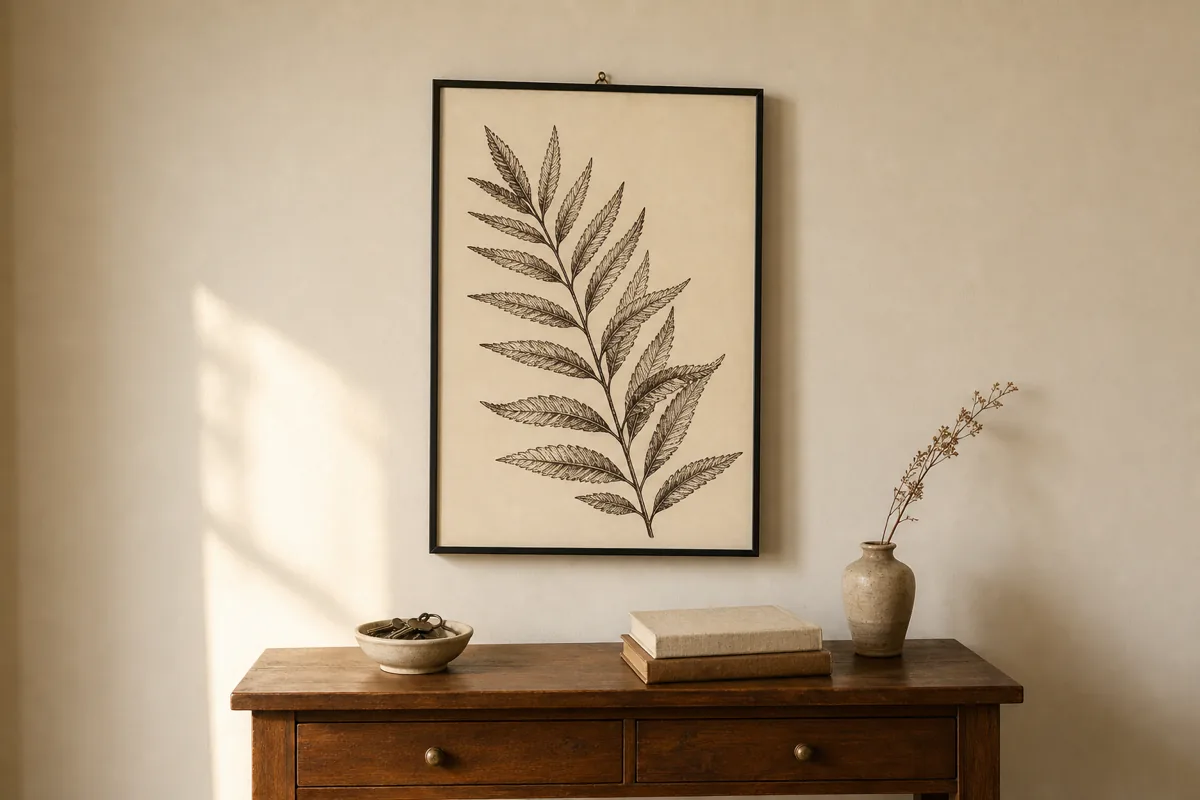 A single tall framed botanical print — a fern frond in bold dark line drawing on a warm cream background — hangs centered above a walnut console table. The wall around the print is empty cream drywall. The console below holds a small ceramic bowl, two books with cloth covers, and a small vase with a dried branch. Warm daylight side-lights the wall.