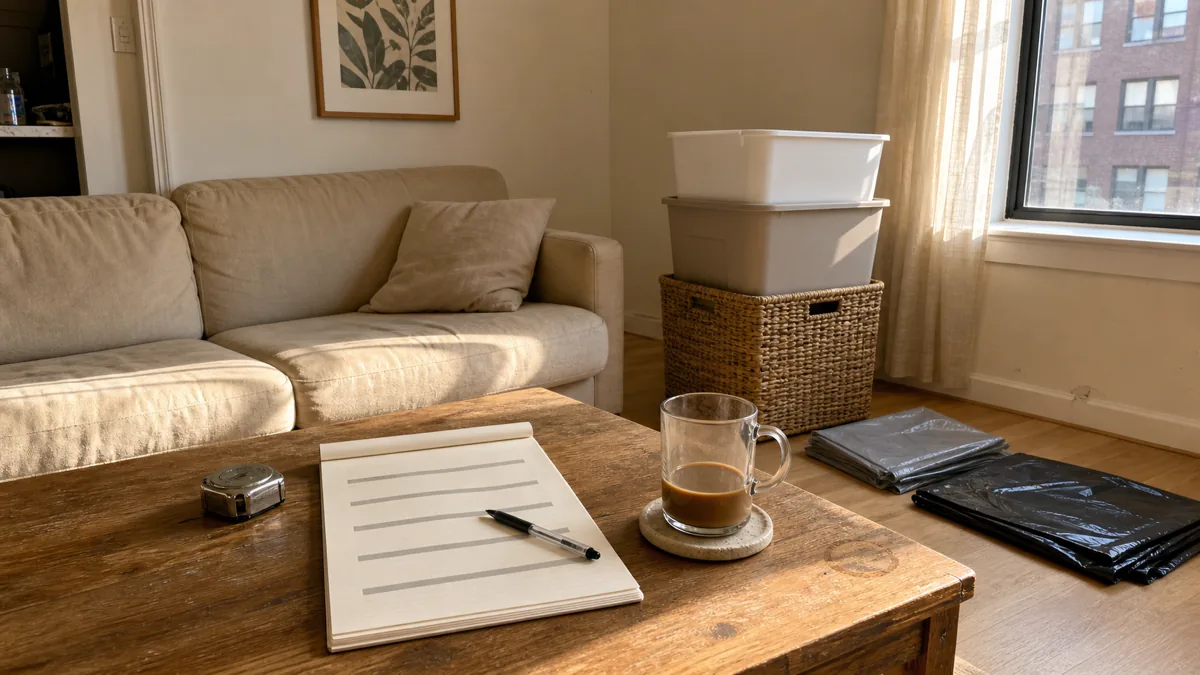 A small apartment Saturday morning at 9am with bright window light, a planning notepad open on the wood coffee table beside a clear mug of coffee on a coaster, three stacked storage bins (cream woven seagrass and small white plastic) to the right, and folded trash plus donation bags ready on the table.