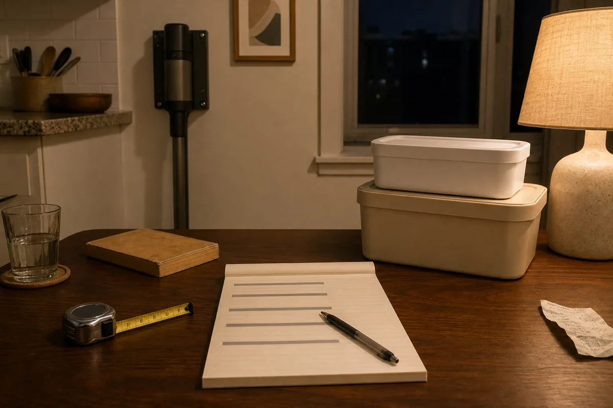 A small apartment dining table in warm evening lamp light, a paper notepad open on dark walnut wood with a pen resting at mid-page angle, a metal measuring tape extended a few inches to the left of the notepad, two stacked storage bins (cream + white) to the right, a black stick vacuum on a wall-mounted charging dock visible in the background, dark window behind