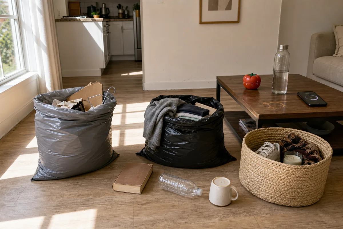 A small apartment living area floor mid-sort in bright morning sunlight, three clearly distinct pile groupings — a gray plastic trash bag standing upright, a black plastic donation bag with a folded gray sweater half-draped over its edge, and a cream woven seagrass basket sitting flat with a sneaker and other keep items inside — items mid-sort scattered on the floor between the piles, a phone with a circular timer indicator visible on the coffee table behind