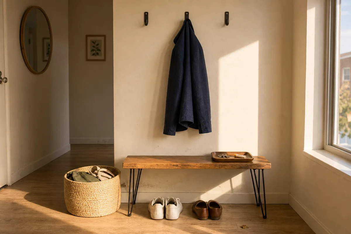 An organized small apartment entry hall in late afternoon golden hour sunlight from a right window, three matte-black hooks mounted on the wall at coat-shoulder height with a navy linen-blend jacket hung on the middle hook, a narrow wood bench with hairpin legs below the hooks with a wood tray on top holding keys, two pairs of shoes (white sneakers and brown leather flats) neatly placed under the bench, a cream woven seagrass basket on the floor beside the bench
