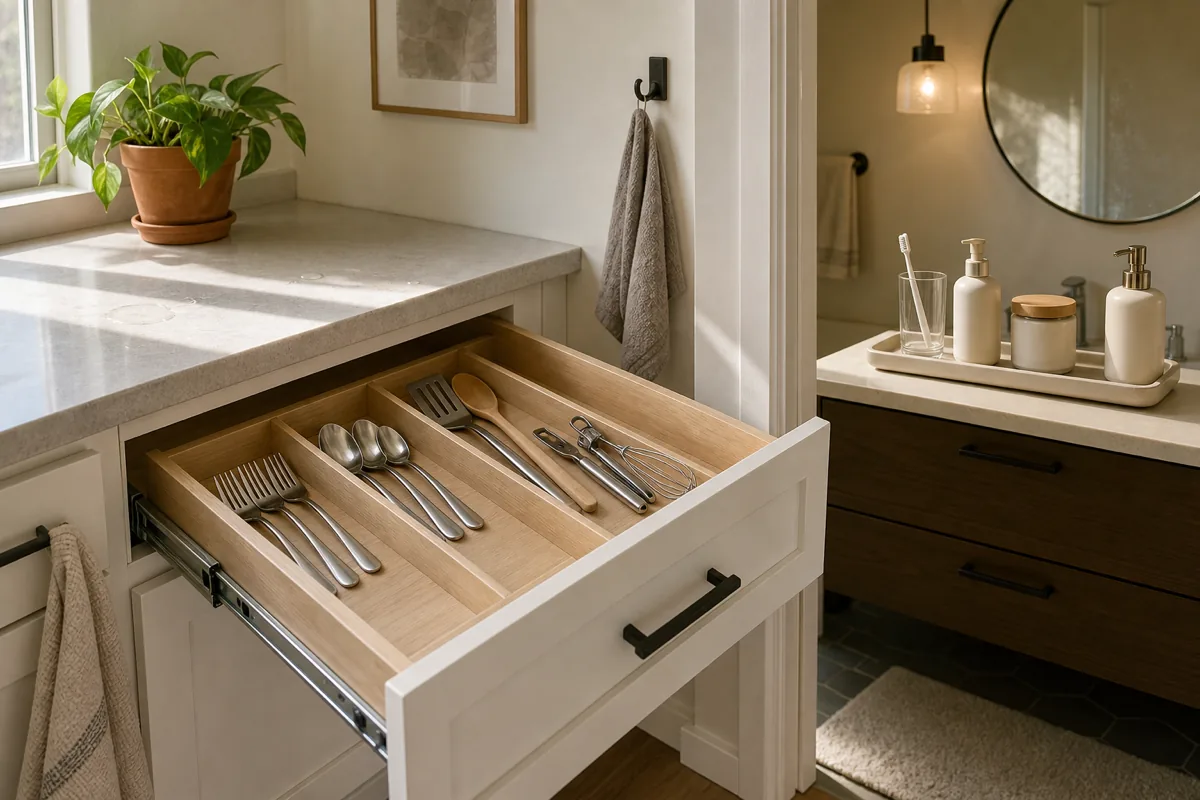 A small US apartment kitchen drawer pulled open about 8 inches in soft Sunday morning sunlight showing a wood divider tray with four compartments holding stainless steel utensils grouped by type, drawer slide rails clearly visible on both sides with back portion still inside the cabinet, a terra cotta pothos planter on the counter above, and through an open doorway on the right a small bathroom counter visible with a four-item lineup on a ceramic tray