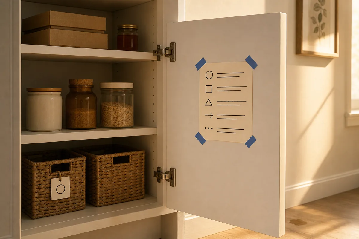 A small handwritten rule card on plain cream paper attached with four blue painter's tape strips at the corners to the inside of an open pantry cabinet door (door swung open at about a 110 degree angle, hinge visible on the left), the rule card showing four lines of icon symbols (circle, square, triangle, dots) representing the four maintenance rules with no readable text, the pantry interior behind the door showing three shelves with organized contents
