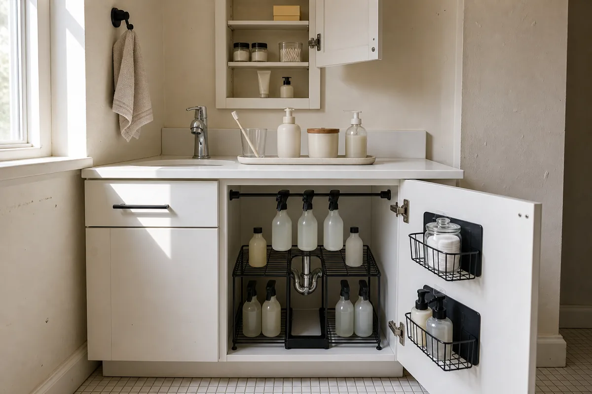 A small US apartment bathroom with an under-sink white painted MDF cabinet door open at 110 degrees showing the interior with a 2-tier matte-black wire riser cradling a chrome P-trap pipe holding cleaner bottles, a tension rod across the upper interior with spray bottles hanging head-down by trigger handles, 2 adhesive wire baskets on the door interior holding cotton pads and small pumps, and the counter above visible with a 4-item lineup on a plain ceramic tray and a small medicine cabinet with the door slightly ajar showing 3 vertical levels of organized contents