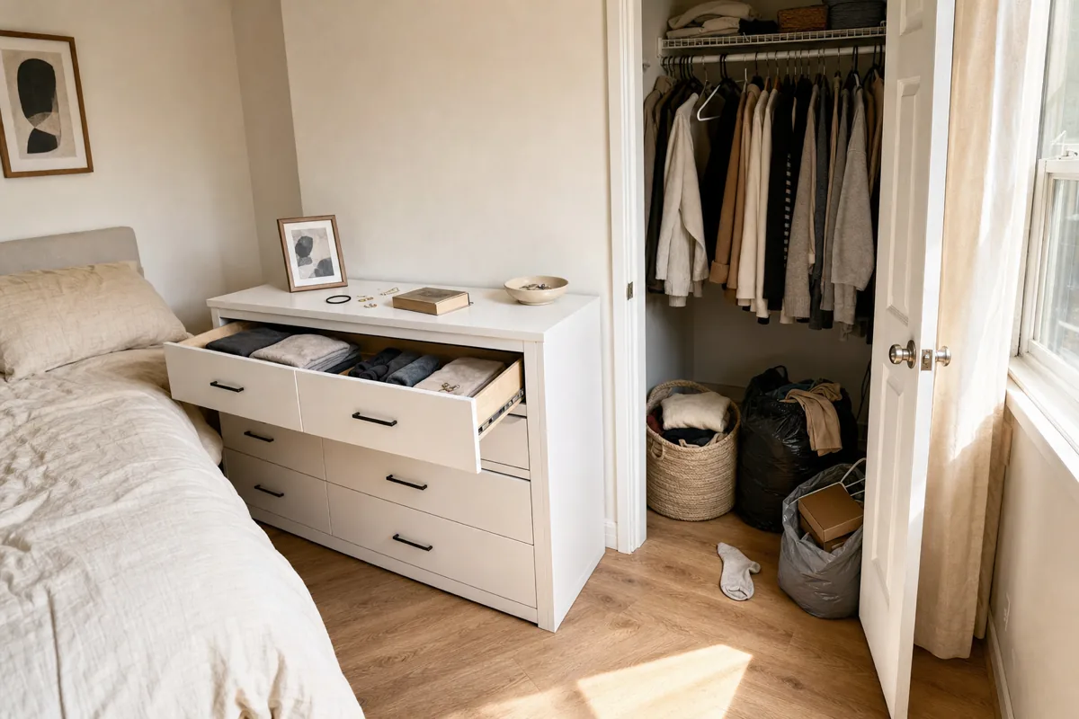 A small US apartment bedroom mid-sort with a 6-drawer white painted dresser at the left with the top drawer pulled 4 inches showing the inside being triaged, dresser top half-cleared with scattered items in mid-relocation, an open closet door on the right showing the closet floor with three distinct containers (cream woven seagrass keep basket holding folded sweaters, black plastic donation bag with clothing items half-draped, gray plastic trash bag with worn shoe boxes), soft morning sunlight