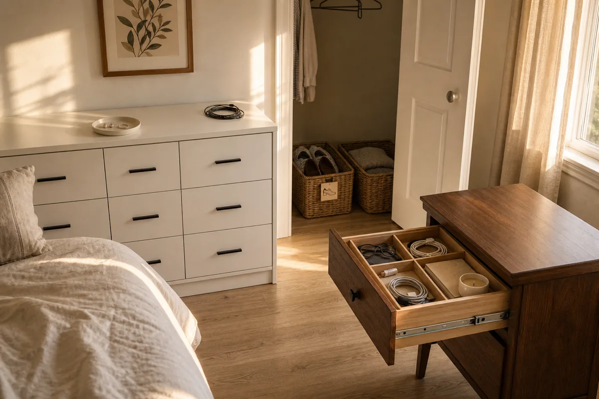 A small US apartment bedroom with a 6-drawer white painted plain dresser at the left with the top calm and minimal (single ceramic jewelry dish + single phone charging cable + small framed botanical print), a walnut wood nightstand on the right with its drawer pulled 4 inches showing a wood divider organizer with grouped items, a closet door at the back showing 2 plain woven seagrass bins on the floor (one labeled with a shoe icon), warm late afternoon golden hour sunlight