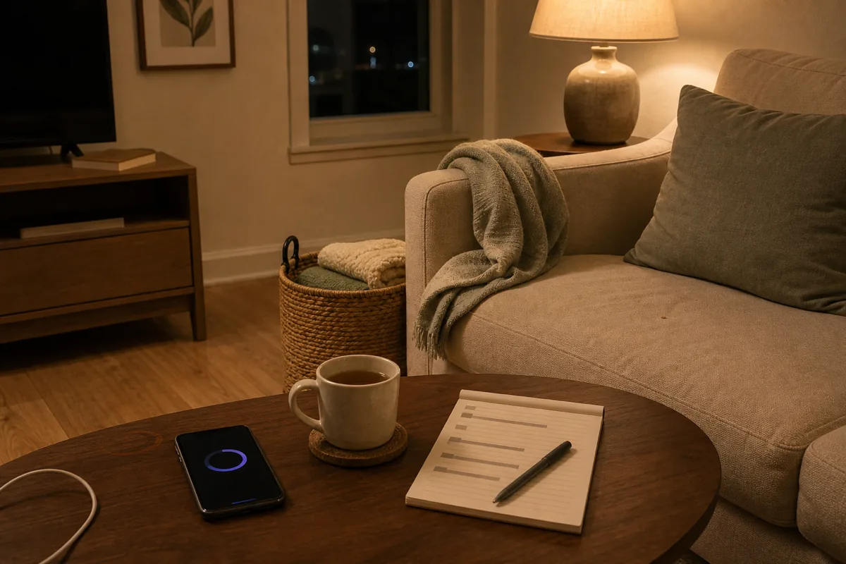 A small apartment living room corner in warm post-dinner evening lamp light, a phone face-up on the coffee table showing a circular alarm timer indicator, a single ceramic mug on a coaster (the misplaced-from-kitchen item being returned to its zone), a notepad showing 5 horizontal zone header bars with a pen at mid-page angle, and a throw blanket partially folded over the sofa arm in mid-return-to-basket state