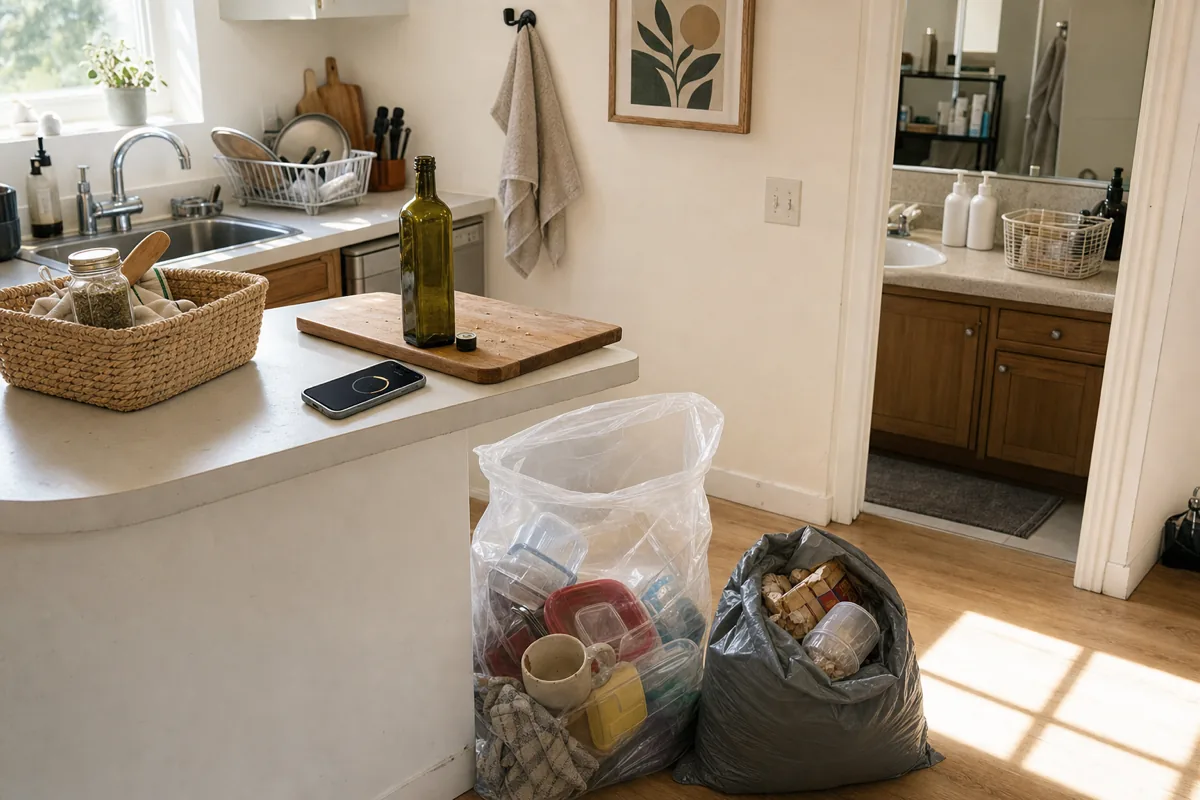 A small US apartment kitchen counter half-cleared with items mid-sort in bright morning daylight, three clearly distinct pile groupings (cream woven seagrass keep basket on counter, clear plastic donation bag standing upright on floor, gray plastic trash bag also standing upright), a phone with circular timer indicator on counter, and a small bathroom counter visible through an open doorway also mid-sort with small bottles being moved
