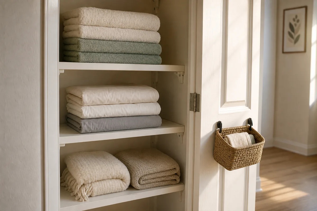 A small US apartment linen closet with 3 visible white painted MDF shelves built into a hallway closet, the top shelf with 4 folded bath towels stacked uniformly (2 cream + 2 soft sage green), middle shelf with 3 folded fitted sheet bundles, bottom shelf with folded blankets, the open closet door interior with a small woven seagrass basket holding 2 spare washcloths, soft direct morning sunlight from a nearby hallway window