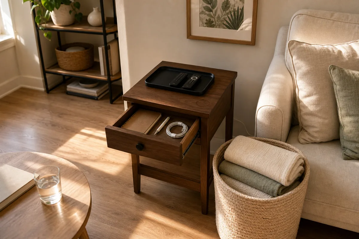 A small US apartment living area corner with a narrow walnut wood side table beside a cream linen-blend sofa, the side table drawer pulled 2 inches showing freshly organized interior with a notebook and charging cable, a plain matte-black tray on top holding 2 remote controls neatly placed side by side, a tall woven seagrass basket on the floor beside the sofa holding 3 folded throw blankets visible, late afternoon golden hour sunlight