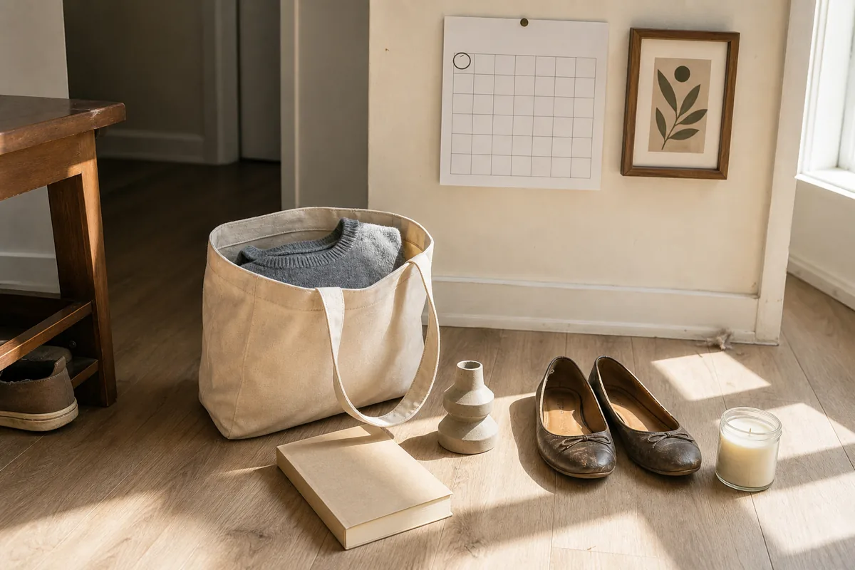 A small US apartment entry area on a first-Saturday-of-month morning at 9am, a small cream canvas donation tote bag sitting on the floor with exactly 5 visible items grouped together (1 folded gray cotton sweater inside the tote, 1 paperback book + 1 small ceramic knick-knack + 1 pair of worn flats + 1 small unused candle on the floor beside the tote), a paper wall calendar mounted with one date circled in the top-left corner, bright direct morning sunlight