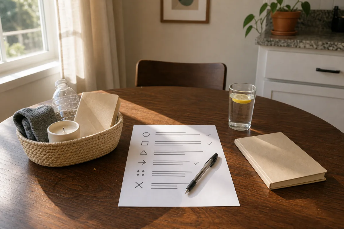 A small US apartment dining table on a Sunday afternoon in soft direct sunlight from a window on the left, a single sheet of plain paper printed with a simple weekly schedule layout (6 horizontal zone rows each starting with an abstract icon followed by abstract horizontal lines suggesting text, some rows have small hand-drawn check marks), a plain ballpoint pen resting on the sheet at mid-page angle, a small cream woven seagrass basket on the table holding 4-5 items in mid-re-triage state