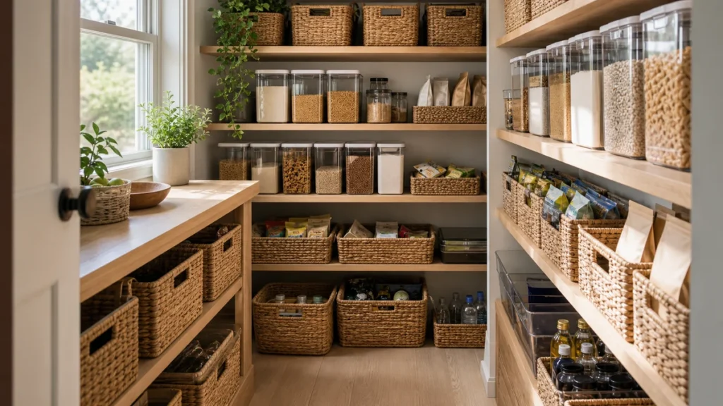 Open-shelf pantry with seagrass baskets and labeled jars