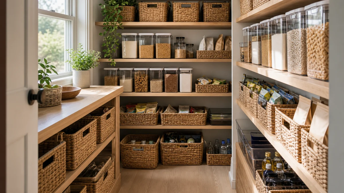 Premium open-shelf pantry with seagrass baskets on light wood shelves, glass canisters with bamboo lids on top, mid-shelf baskets with mixed items, and cleaning bottle storage on the lower shelf.