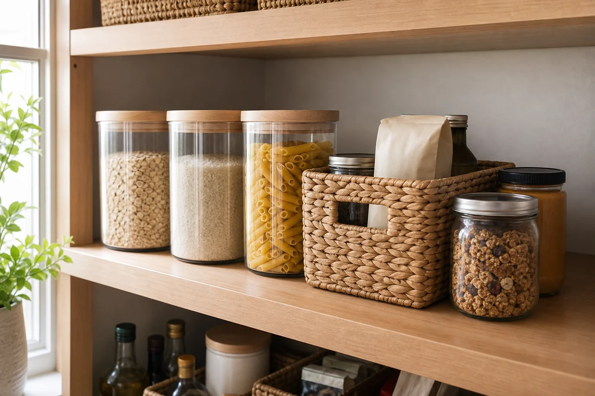 Pantry shelf at eye level with three tall glass canisters of oats, rice, and penne, a small seagrass basket with a kraft refill bag and dark bottle, and a granola jar with a smaller amber jar of peanut butter beside it.