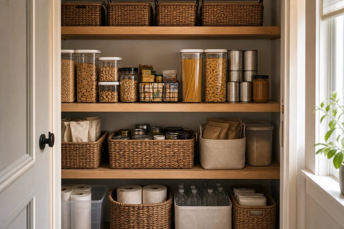 Multi-shelf pantry view with four woven baskets on top for overflow, clear airtight canisters of cereal and grains at hand height, a row of stacked cans, and lower shelves with refill baskets, paper towel rolls, and water bottles.