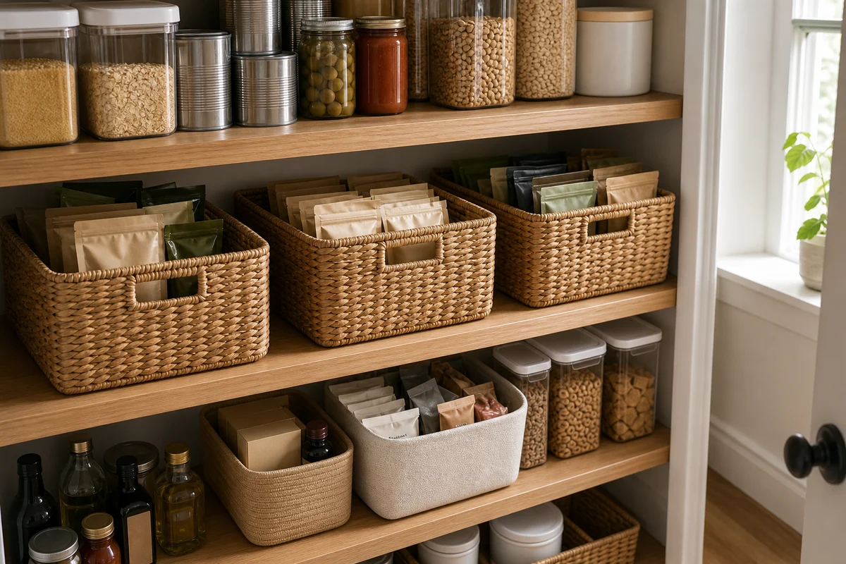 Three matching seagrass baskets on a middle pantry shelf hold mixed kraft pouches, jars, and soft pouches with colored caps, with clear airtight grain containers above and more baskets and a cream fabric bin below.