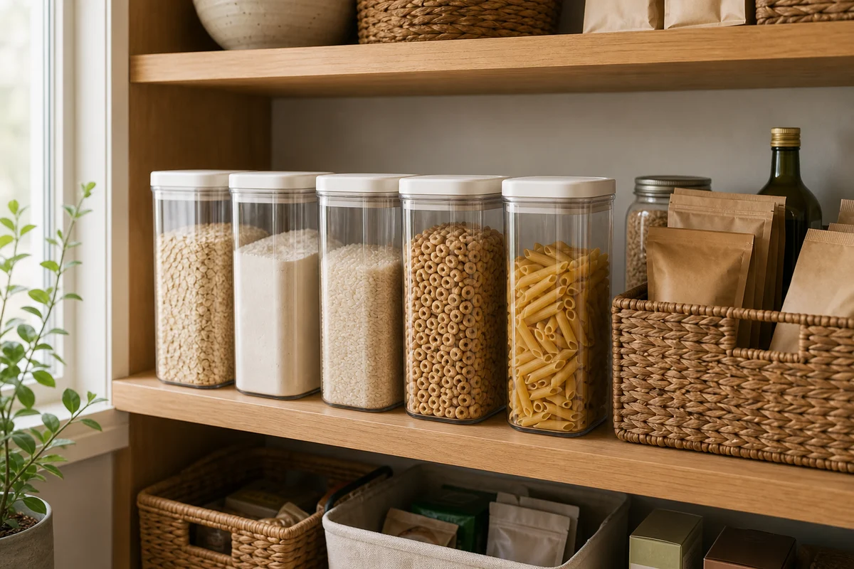 Five identical square clear canisters with white tops in a row hold brown lentils, flour, white rice, oat cereal, and penne pasta, with a woven basket of kraft pouches beside them.