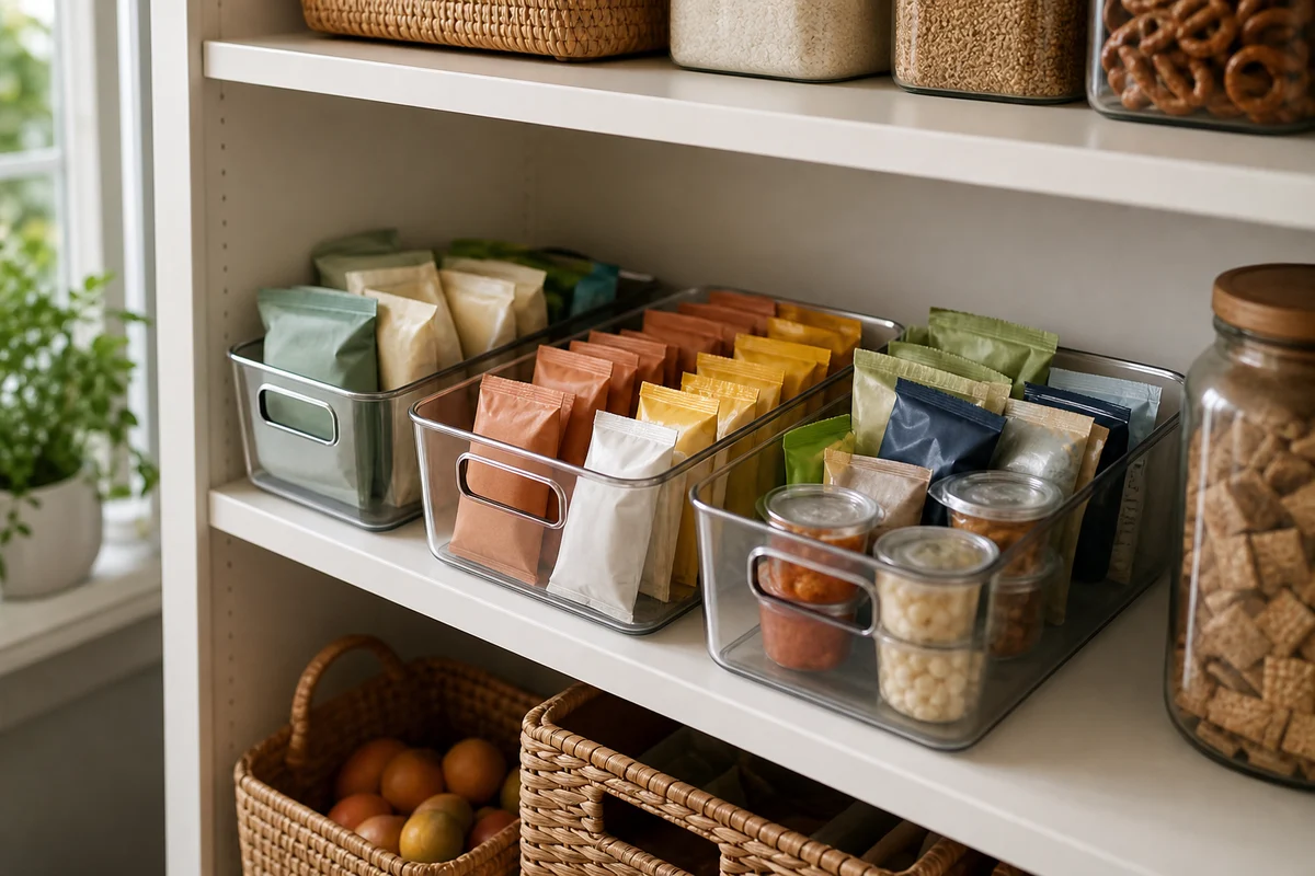 Three clear plastic bins on a white shelf hold one snack category each: pastel granola bar pouches on the left, colorful chip-style packs upright in the middle, and mixed pouches plus stacked deli cups of dried fruit on the right.