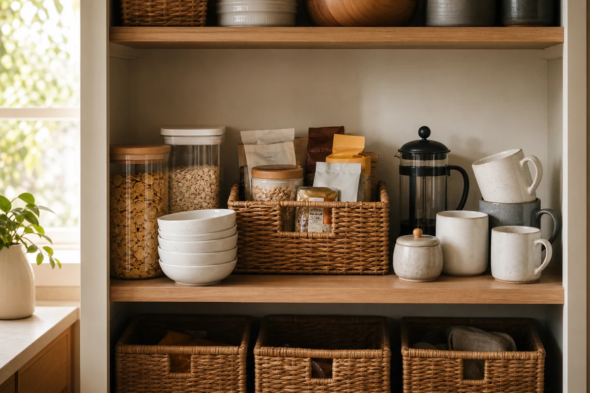 A pantry corner with a tall glass jar of cereal flakes, a shorter canister of oats, a small woven basket of coffee and tea pouches, a black French press, a stack of white bowls, three matching stoneware mugs, and three identical woven baskets on the shelf below.