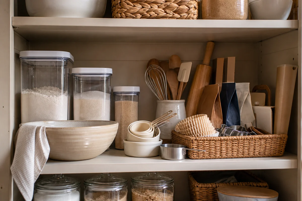 A single baking shelf with three square clear airtight canisters of flour, sugar, and brown sugar, a tall ceramic crock holding whisks, a spatula, and a rolling pin, a large stoneware mixing bowl with a folded cloth, nested measuring cups, and a woven basket with cupcake liners and parchment.