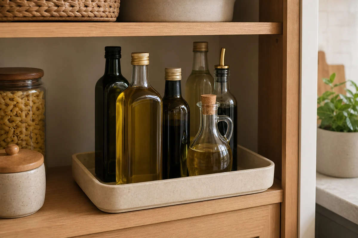 Five or six oil and vinegar bottles in different shapes and colors clustered on a low stoneware tray inside a pantry cabinet, with a pasta jar and woven basket nearby and a small plant in a stoneware pot to the right.