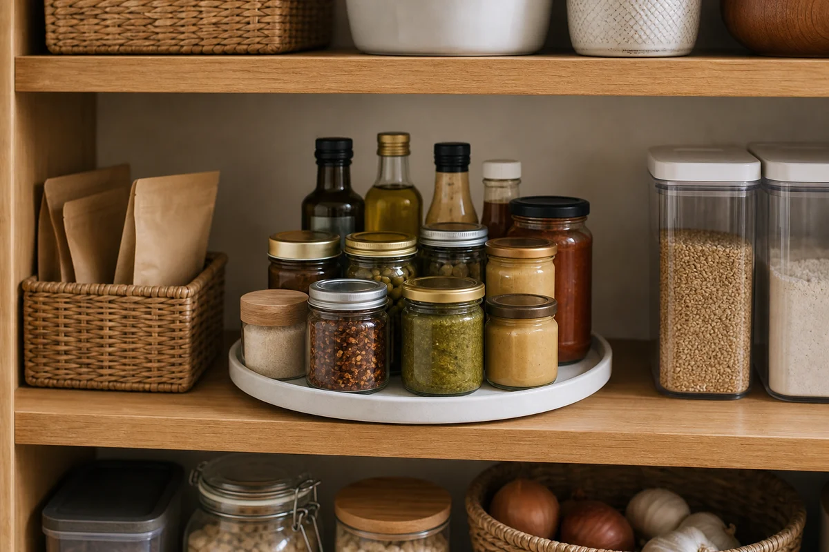 A round white ceramic lazy susan on a wood pantry shelf holds chili flakes in a clamp jar, green pesto, dijon, tomato sauce, a marble-lid spice jar, and taller bottles in the back row, with kraft pouches in a wicker holder on the left and tall grain canisters on the right.