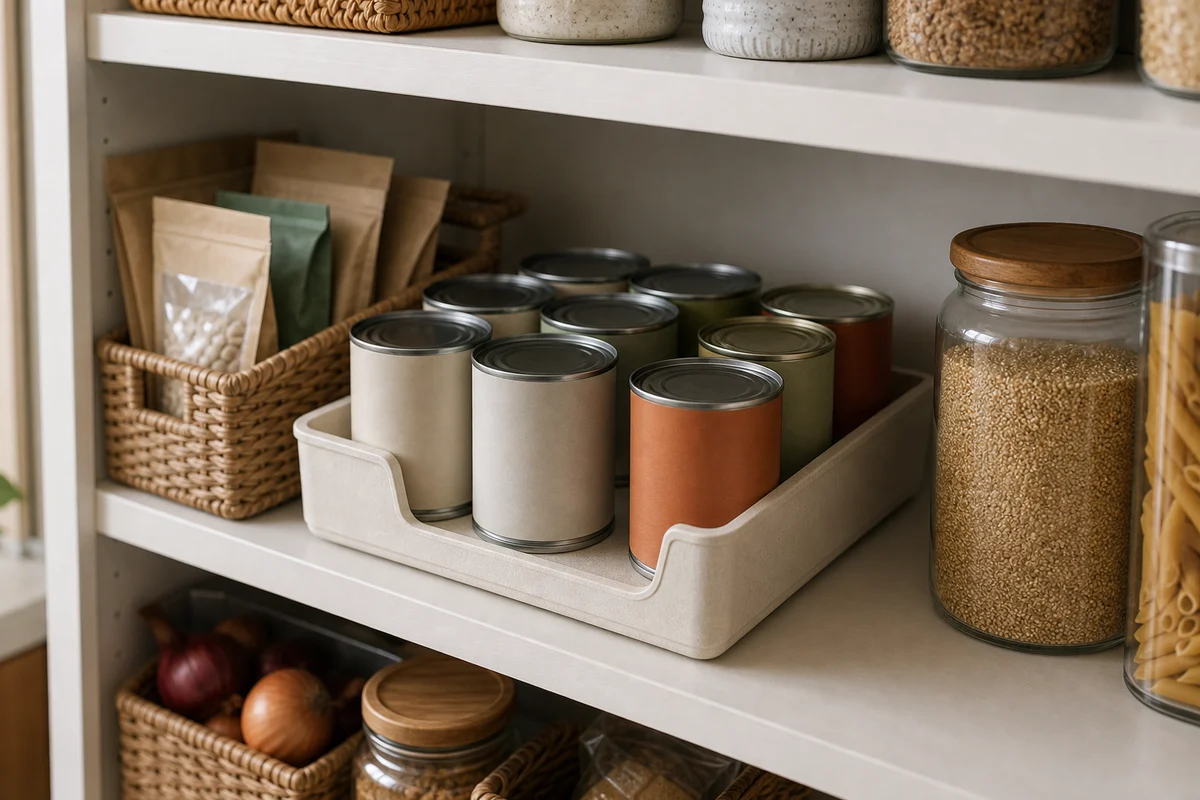 Nine plain cans in a low cream pull-out tray, three across in two rows with a smaller front row, with calm earth-tone labels in off-white, sage, coral, and olive, surrounded by a basket of kraft pouches and tall grain canisters.