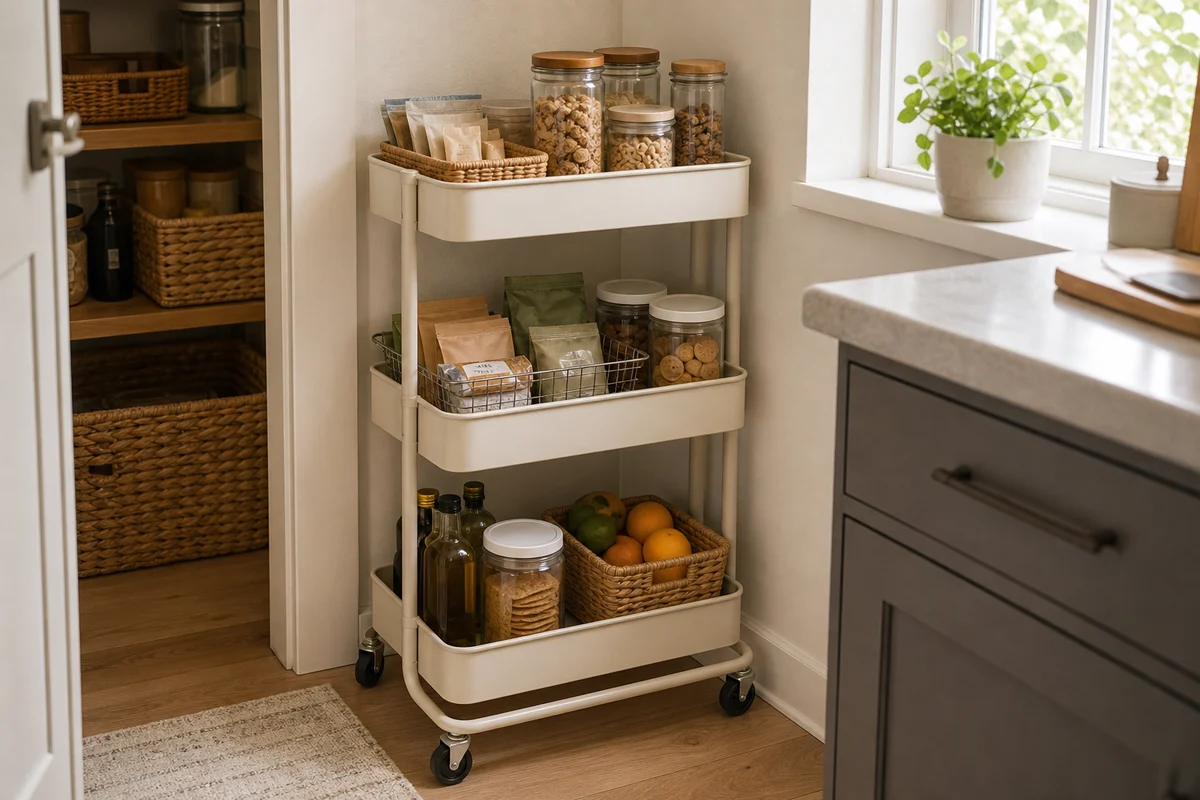 A slim three-tier cream rolling cart in a small kitchen with wicker baskets of kraft pouches and glass jars on top, a wire basket and cookie jar in the middle, and a woven basket with citrus, olive oil, and a cracker jar on the bottom, with a visible pantry doorway in the background.