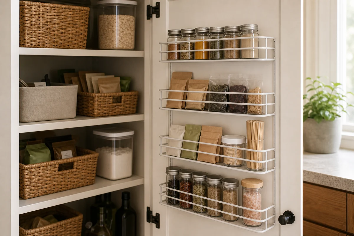 A pantry door with a white wire four-tier rack mounted on the inside holding spice jars in the top and bottom rows, kraft pouches and clear single-serve packets in the middle, and tall thin items in a clear jar on the third row.