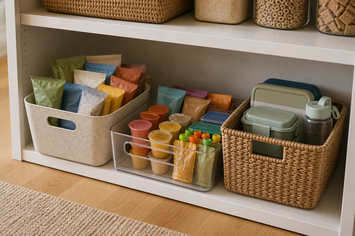 A low pantry shelf with three bins side by side at kid height: a cream plastic basket with cream and pastel pouches, a clear plastic bin with rows of pastel snack pouches and small fruit cups, and a woven basket with stacked mint-green bento boxes and an insulated water bottle.