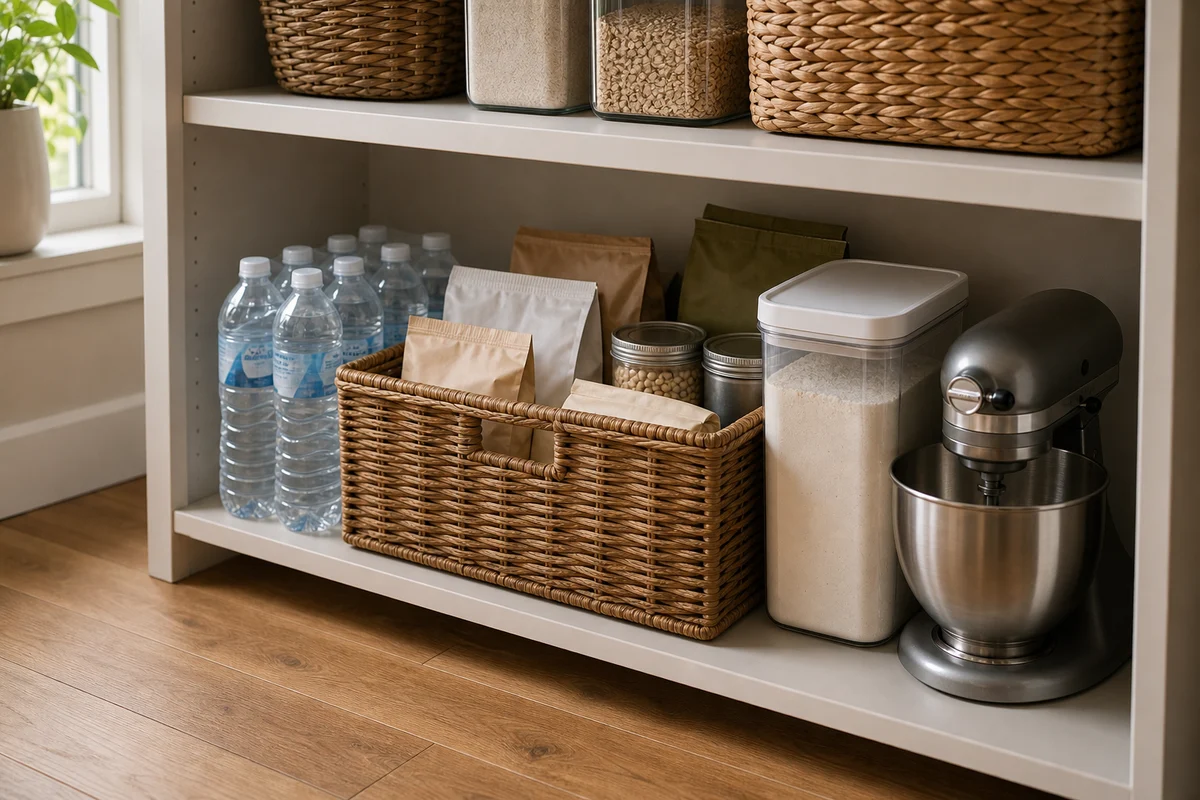 The lowest pantry shelf with a row of large water bottles on the left, a wide woven basket of refill pouches and small canisters, a tall plastic bin of flour, and a stainless stand mixer on the far right, with grain canisters and woven baskets on the shelf above.