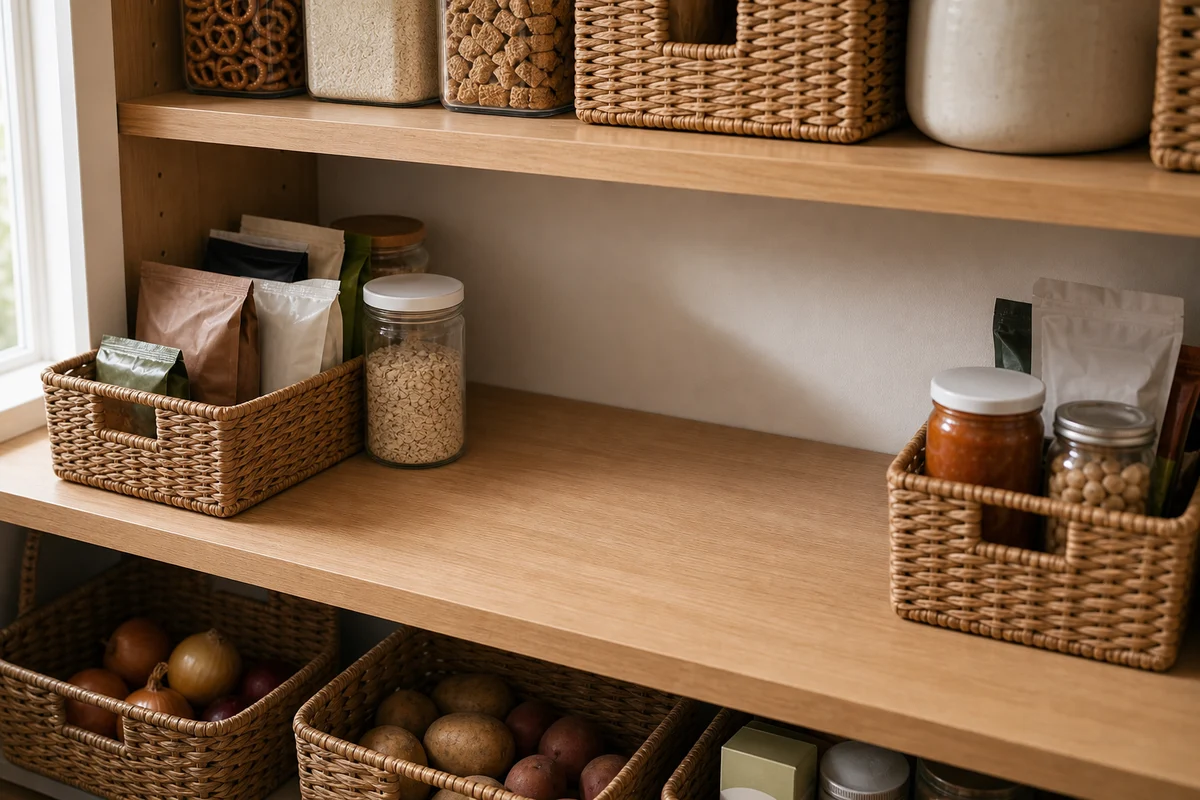 A pantry shelf with content pushed to the left and right edges leaving a 24-inch empty center, with a small basket of kraft pouches and a jar of oats on the left, a small basket with a sauce jar and chickpea jar on the right, and baskets of onions and potatoes below.