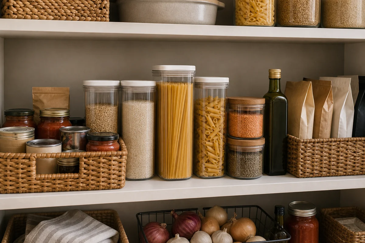 A pantry shelf with clear airtight canisters of basmati, vertical spaghetti and penne jars, marinara and pesto in glass jars, a basket of kraft pouches, and smaller jars of orange and brown lentils, with a basket of cloth napkins, onions, and garlic below.