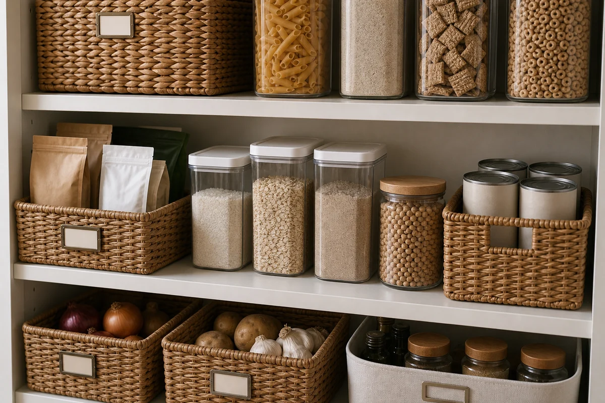 Pantry shelves with woven baskets each wearing a small white tag tied to the front, holding kraft pouches inside, clear airtight canisters of grains on the middle shelf, and baskets of onions plus a fabric bin on the bottom.